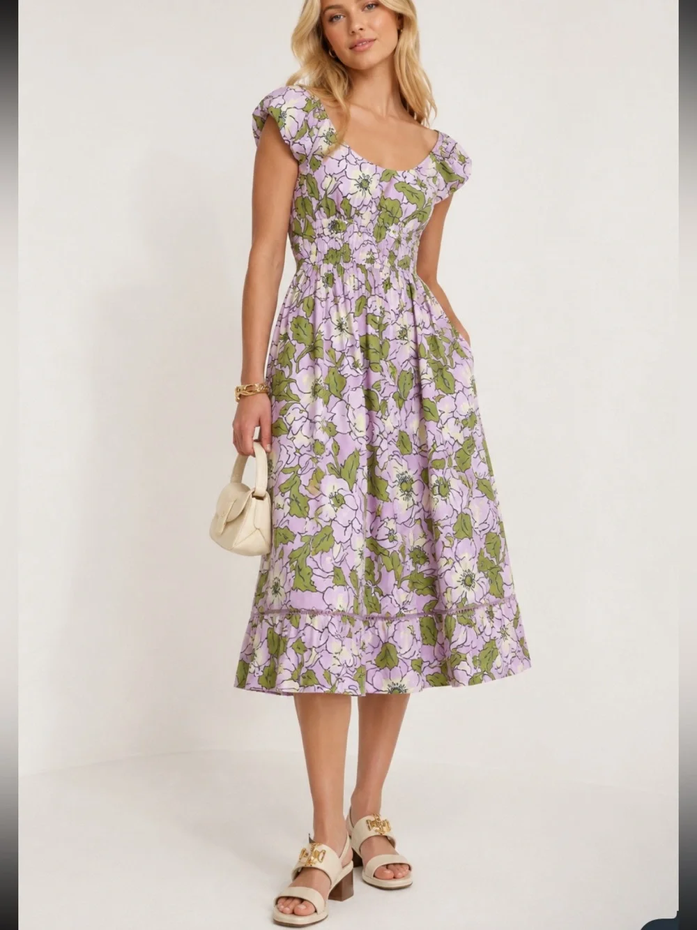 Tory Burch Pink Floral Smocked Cotton Dress Size 10 8719